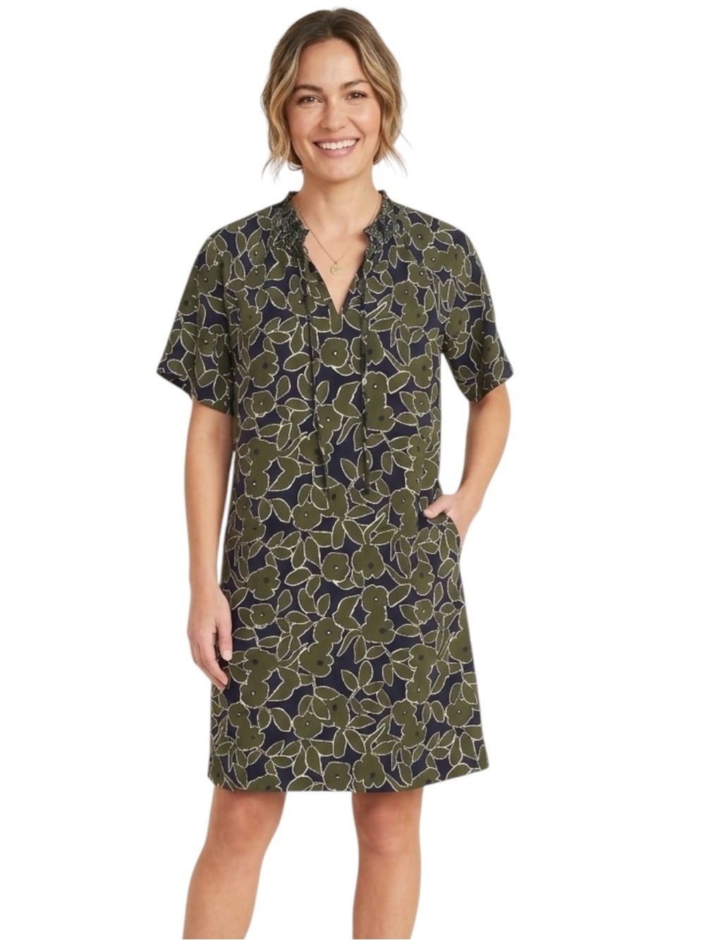 Banana Republic Floral Smocked Tie Neck Dress Size 4 Olive Green Shift Pockets